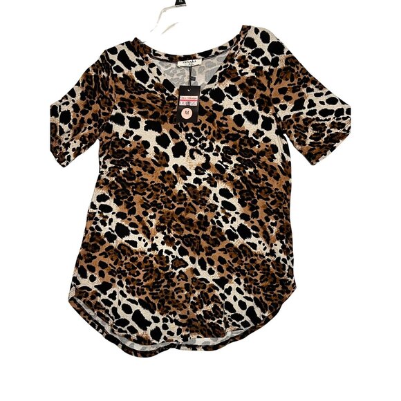 NWT Zenana Leopard Print V-Neck Blouse Tunic Stretchy Short Sleeve Office Boho - Picture 1 of 10